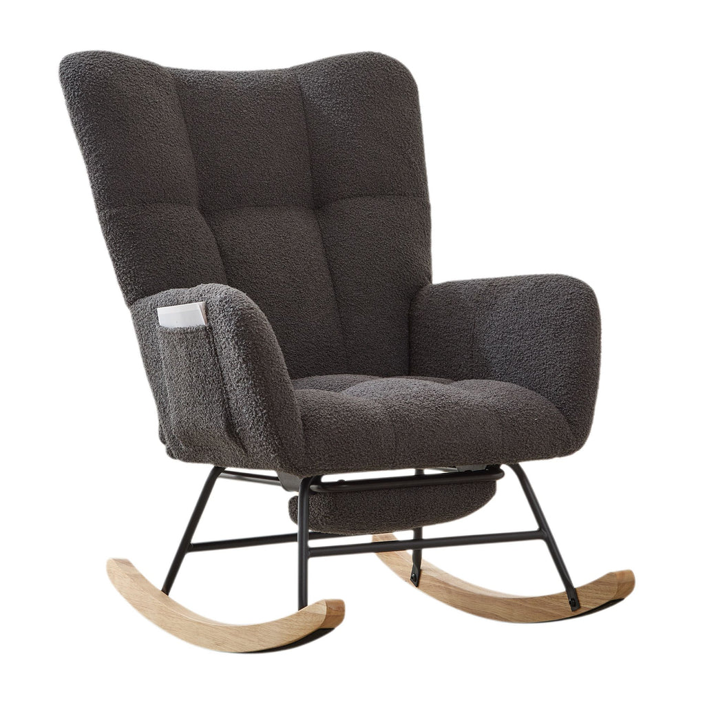 Teddy Fabric Wingback Glider Rocker & Ottoman Set, Nursery Nursing Rocking Chair with Side Storage Pocket, Smooth Gliding Motion, Safe Solid Wood Base, Comfy Accent Chair for Living Room,Grey.