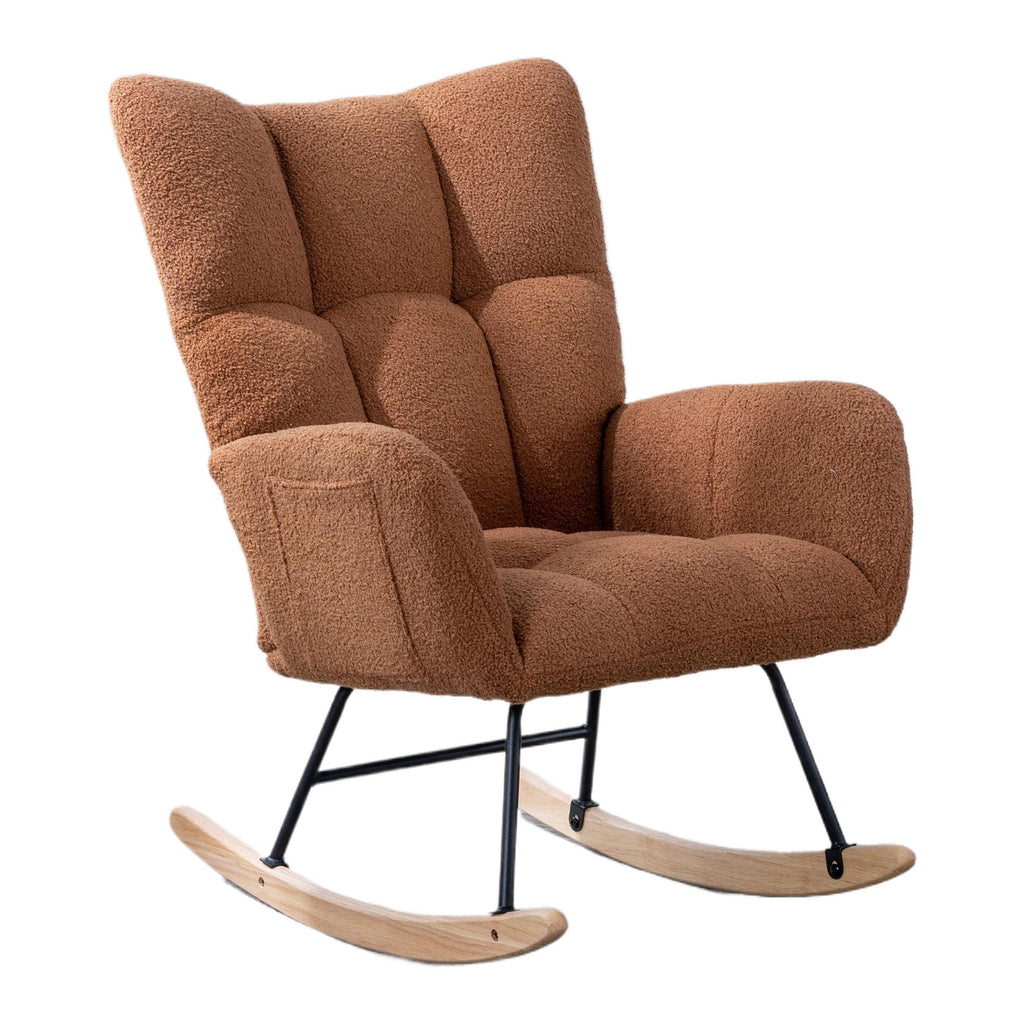 Teddy Fabric Wingback Glider Rocker with Side Storage Pocket, Soft Comfy Nursing Rocking Chair, Sturdy Safe Solid Wood Base, Multiuse Accent Chair for Nursery & Living Room,Brown.