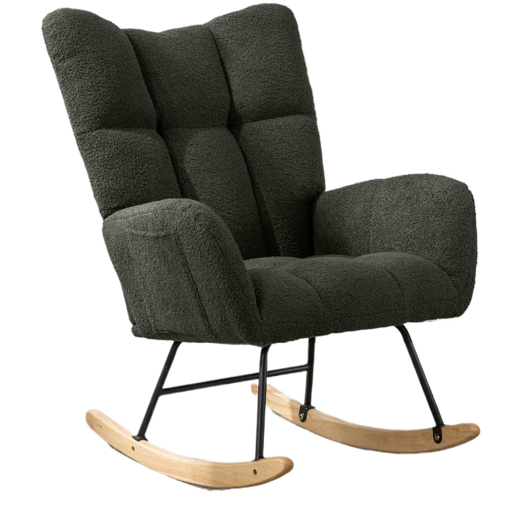 Teddy Fabric Wingback Glider Rocker with Side Storage Pocket, Soft Comfy Nursing Rocking Chair, Sturdy Safe Solid Wood Base, Multiuse Accent Chair for Nursery & Living Room,Green