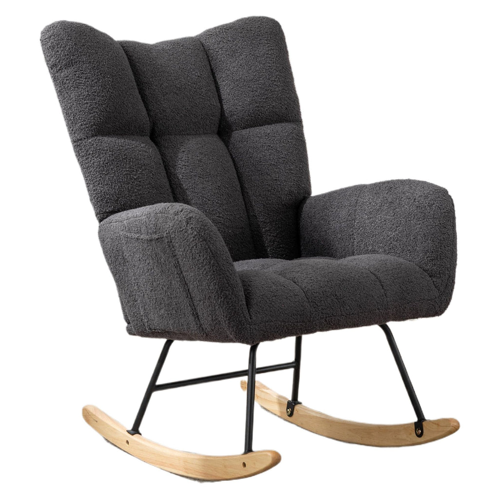 Teddy Fabric Wingback Glider Rocker with Side Storage Pocket, Soft Comfy Nursing Rocking Chair, Sturdy Safe Solid Wood Base, Multiuse Accent Chair for Nursery & Living Room,Grey.