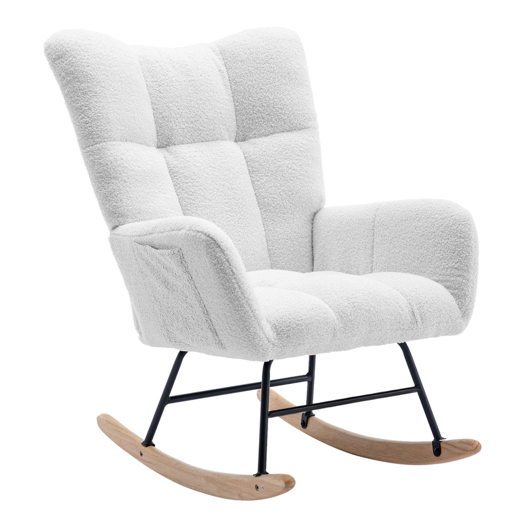 Teddy Fabric Wingback Glider Rocker with Side Storage Pocket, Soft Comfy Nursing Rocking Chair, Sturdy Safe Solid Wood Base, Multiuse Accent Chair for Nursery & Living Room,White.