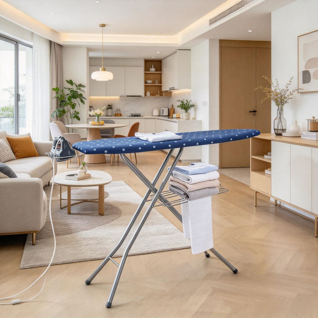 Thickened 4-Layer Ironing Board with Bottom Storage Tray, Heat-Resistant & 100% Cotton Cover, 10 Adjustable Heights, for Home & Laundry Room Use (55x15 in)