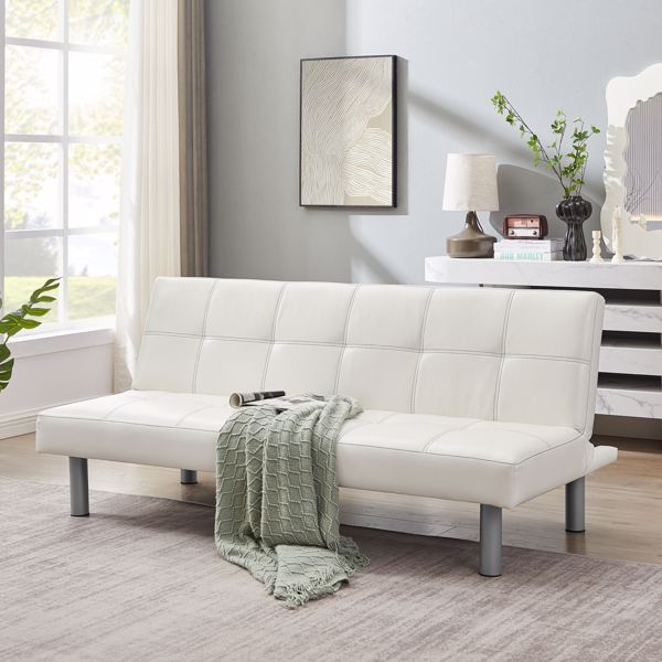 Three-person foldable sofa bed, PU leather, solid wood frame and metal foot support, Can be laid flat as a bed.