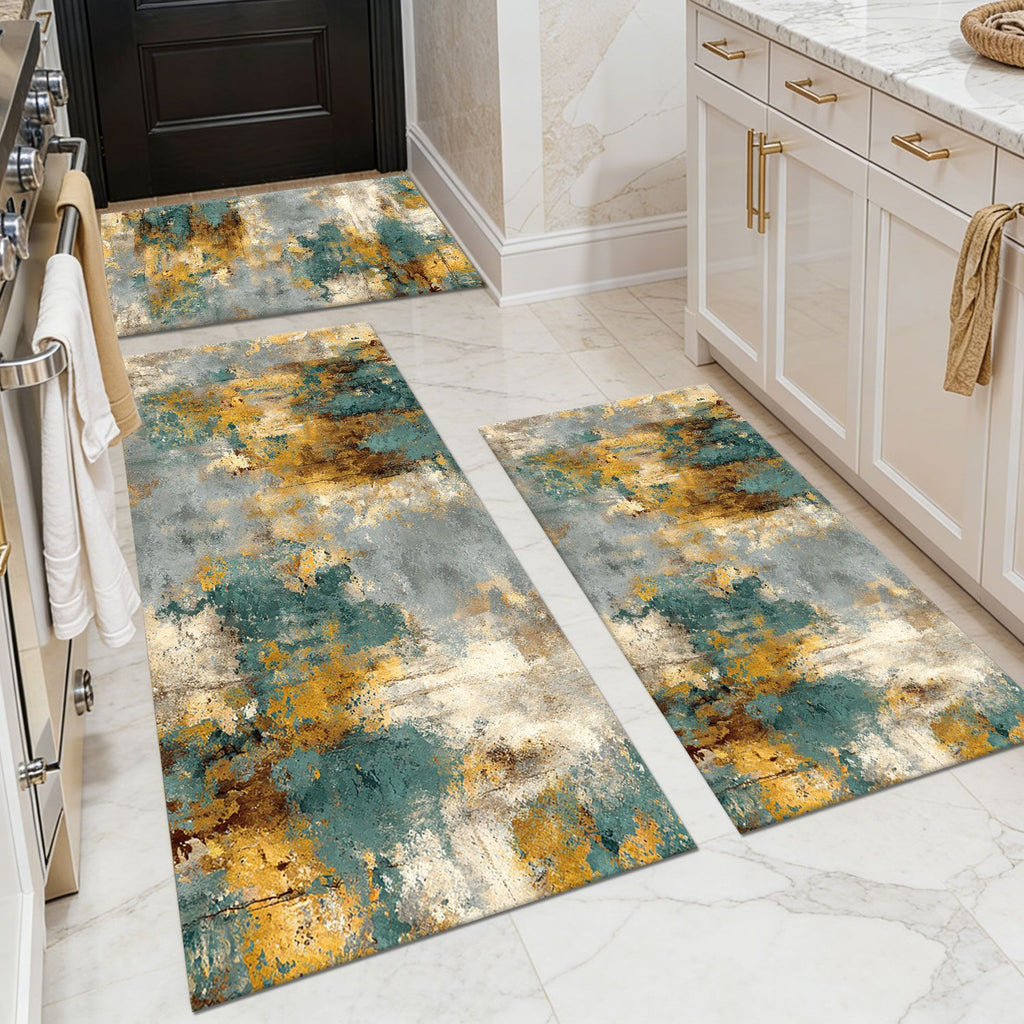 Three-piece kitchen rug set, non-slip and washable, abstract pattern kitchen hallway rug, soft and comfortable, suitable for sinks, floors, entrances, hallways and bathrooms.