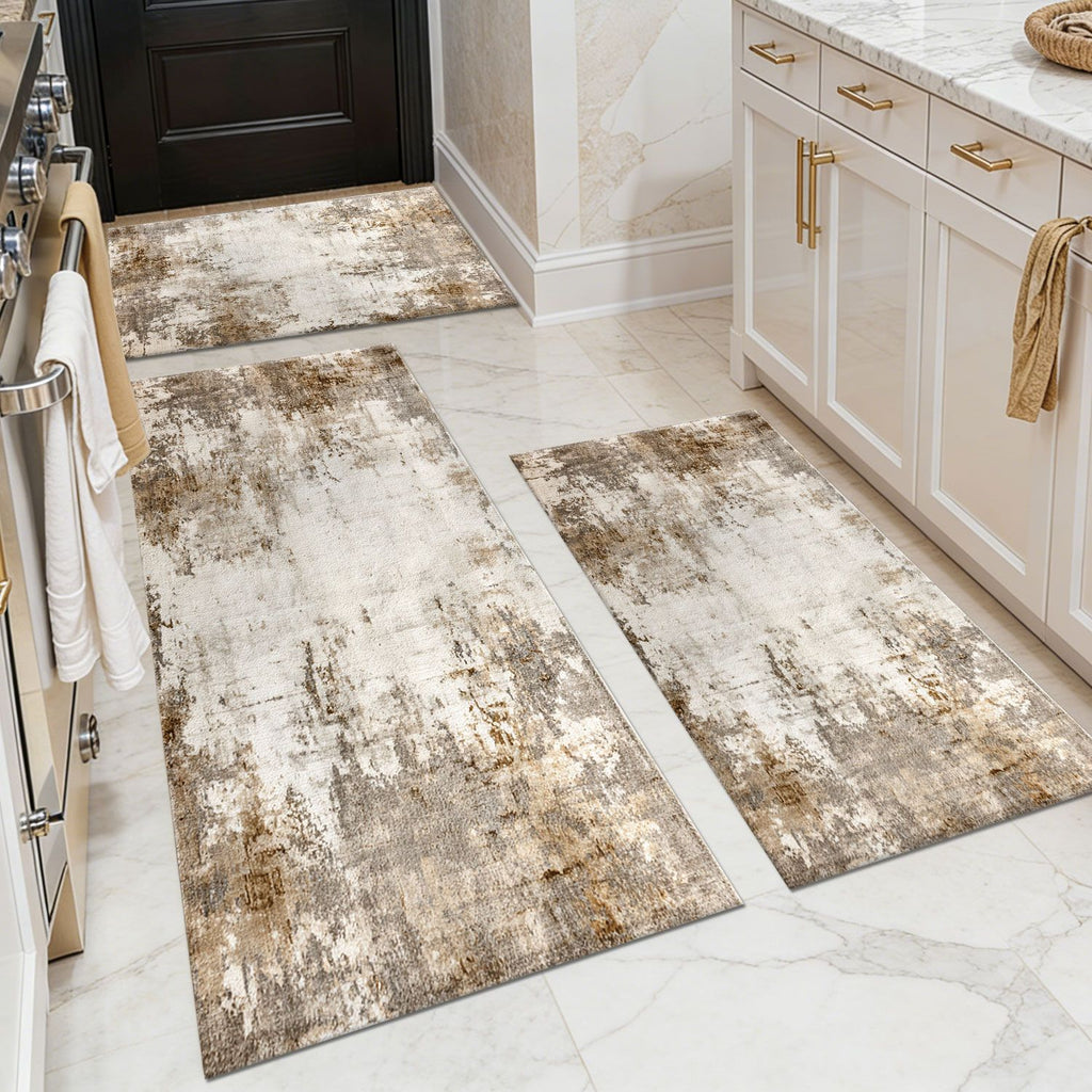 Three-piece kitchen rug set, non-slip and washable, abstract pattern kitchen hallway rug, soft and comfortable, suitable for sinks, floors, entrances, hallways and bathrooms.