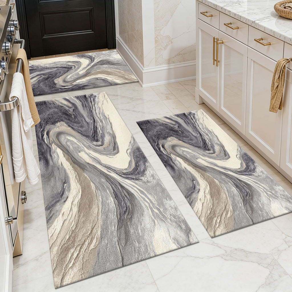 Three-piece kitchen rug set, non-slip and washable, abstract pattern kitchen hallway rug, soft and comfortable, suitable for sinks, floors, entrances, hallways and bathrooms.