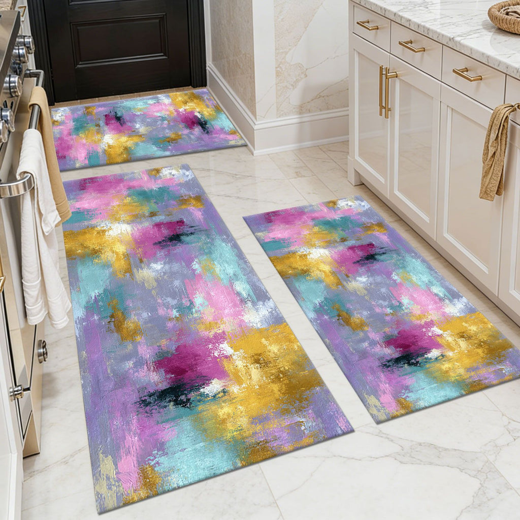 Three-piece kitchen rug set, non-slip and washable, abstract pattern kitchen hallway rug, soft and comfortable, suitable for sinks, floors, entrances, hallways and bathrooms.