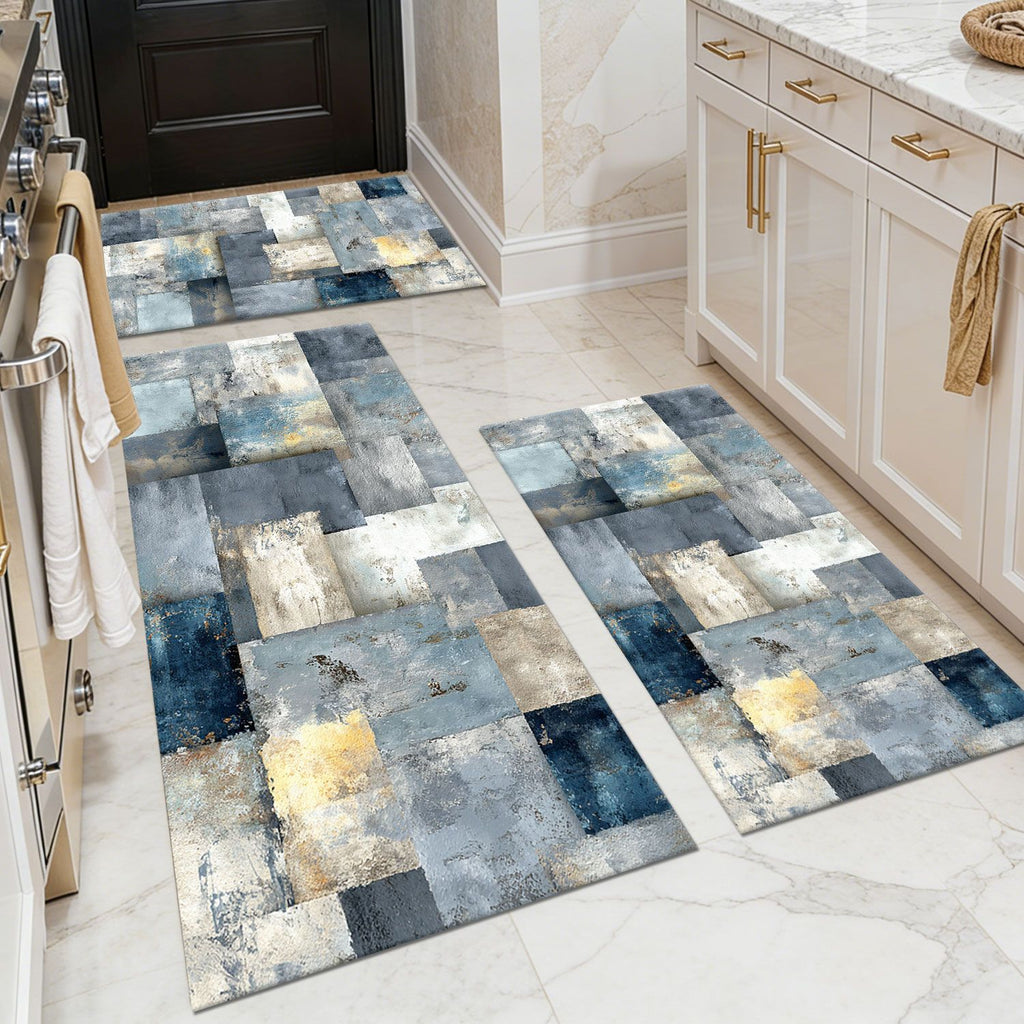 Three-piece kitchen rug set, non-slip and washable, abstract pattern kitchen hallway rug, soft and comfortable, suitable for sinks, floors, entrances, hallways and bathrooms.