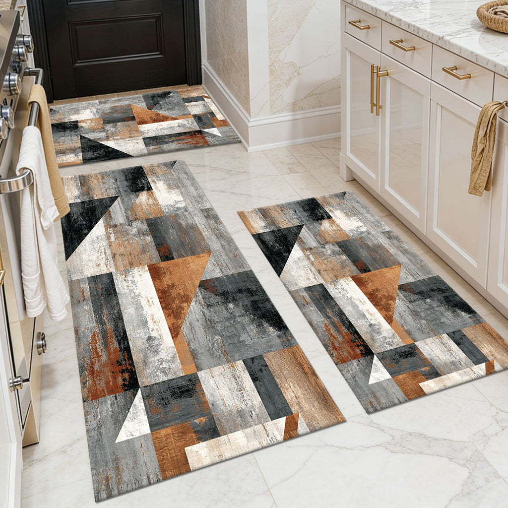 Three-piece kitchen rug set, non-slip and washable, abstract pattern kitchen hallway rug, soft and comfortable, suitable for sinks, floors, entrances, hallways and bathrooms.