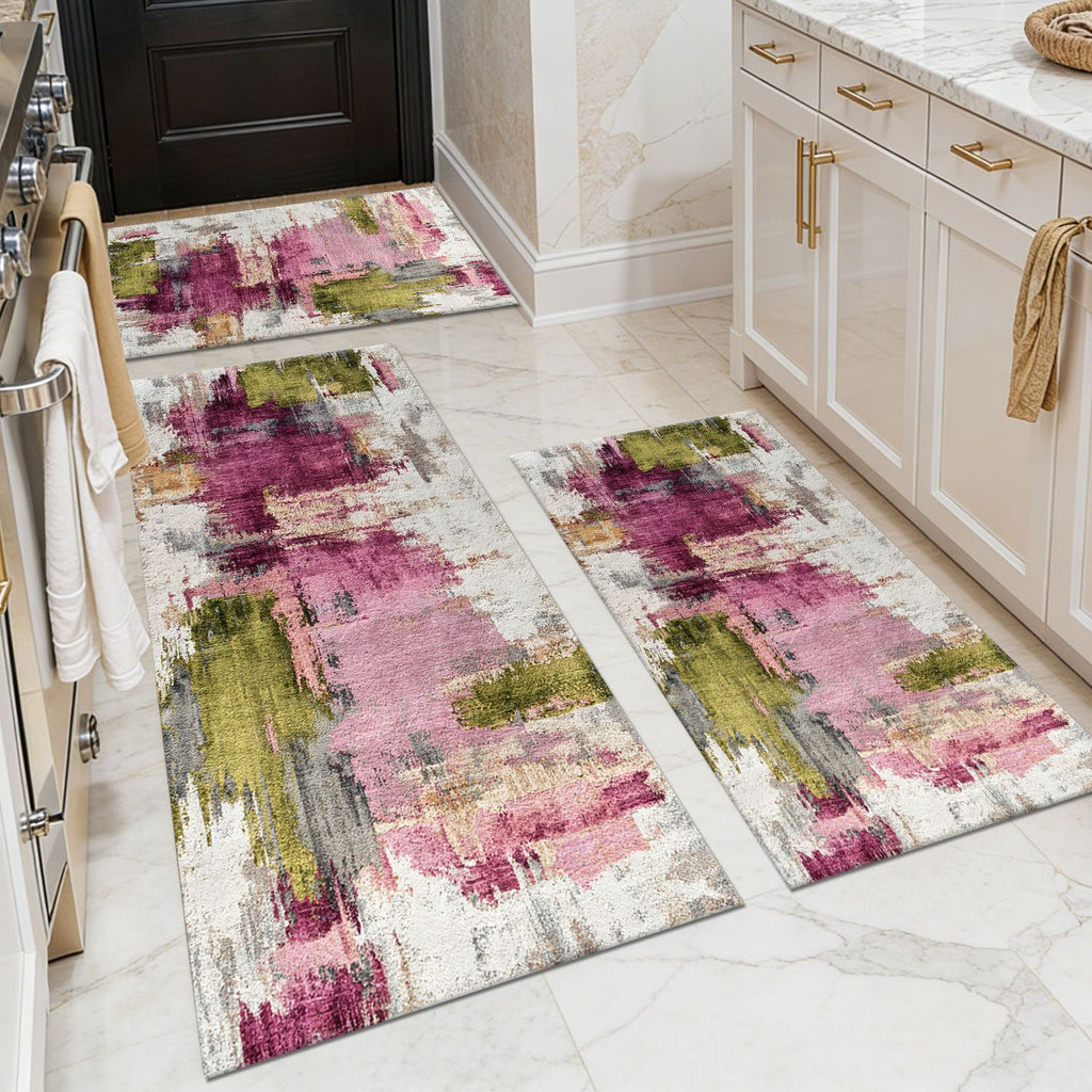 Three-piece kitchen rug set, non-slip and washable, abstract pattern kitchen hallway rug, soft and comfortable, suitable for sinks, floors, entrances, hallways and bathrooms.