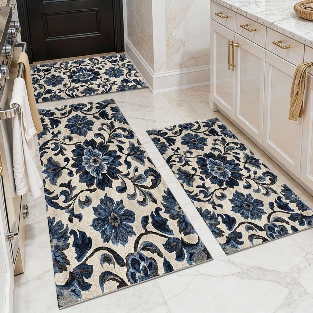 Three-piece kitchen rug set, non-slip and washable, abstract pattern kitchen hallway rug, soft and comfortable, suitable for sinks, floors, entrances, hallways and bathrooms.