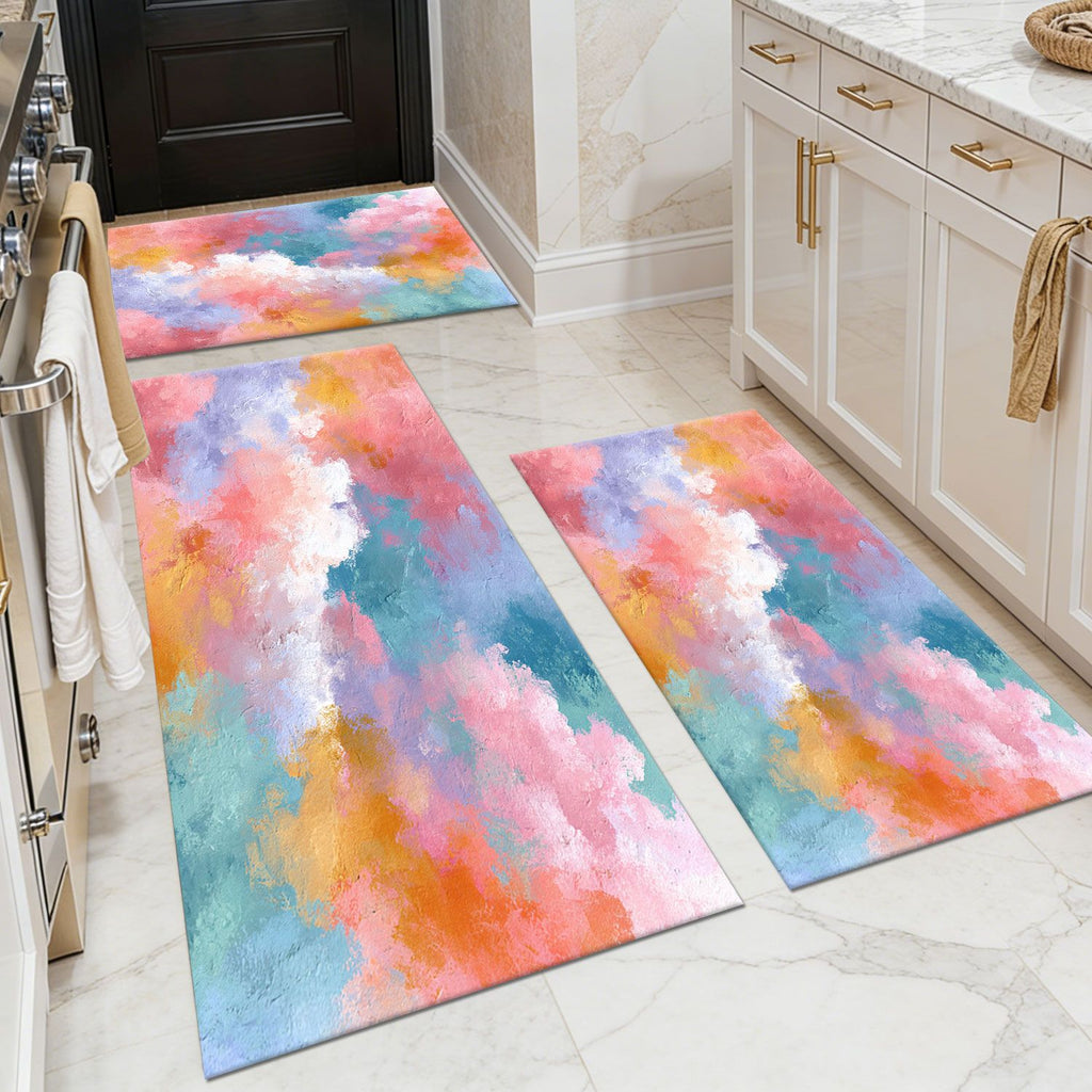 Three-piece kitchen rug set, non-slip and washable, abstract pattern kitchen hallway rug, soft and comfortable, suitable for sinks, floors, entrances, hallways and bathrooms.