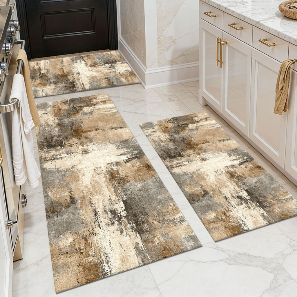Three-piece kitchen rug set, non-slip and washable, abstract pattern kitchen hallway rug, soft and comfortable, suitable for sinks, floors, entrances, hallways and bathrooms.