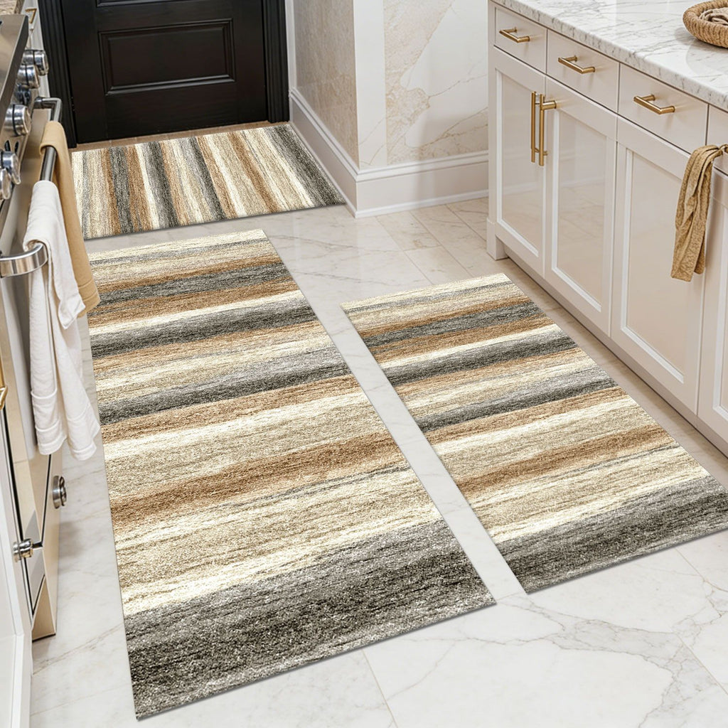 Three-piece kitchen rug set, non-slip and washable, abstract pattern kitchen hallway rug, soft and comfortable, suitable for sinks, floors, entrances, hallways and bathrooms.