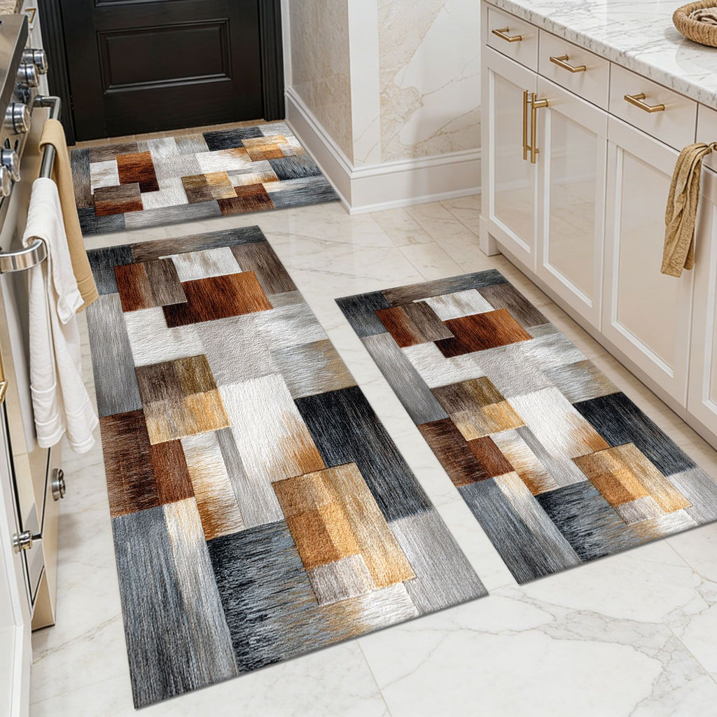 Three-piece kitchen rug set, non-slip and washable, abstract pattern kitchen hallway rug, soft and comfortable, suitable for sinks, floors, entrances, hallways and bathrooms.