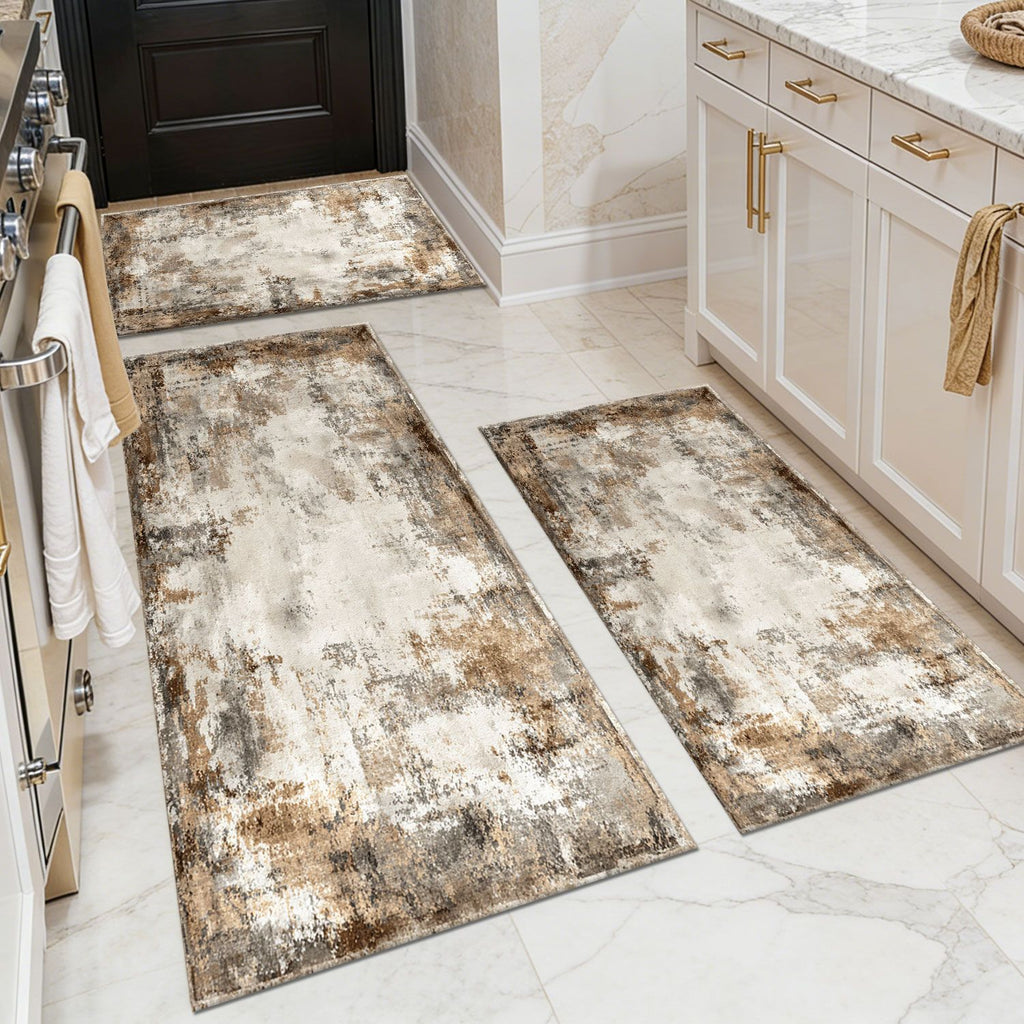 Three-piece kitchen rug set, non-slip and washable, abstract pattern kitchen hallway rug, soft and comfortable, suitable for sinks, floors, entrances, hallways and bathrooms.