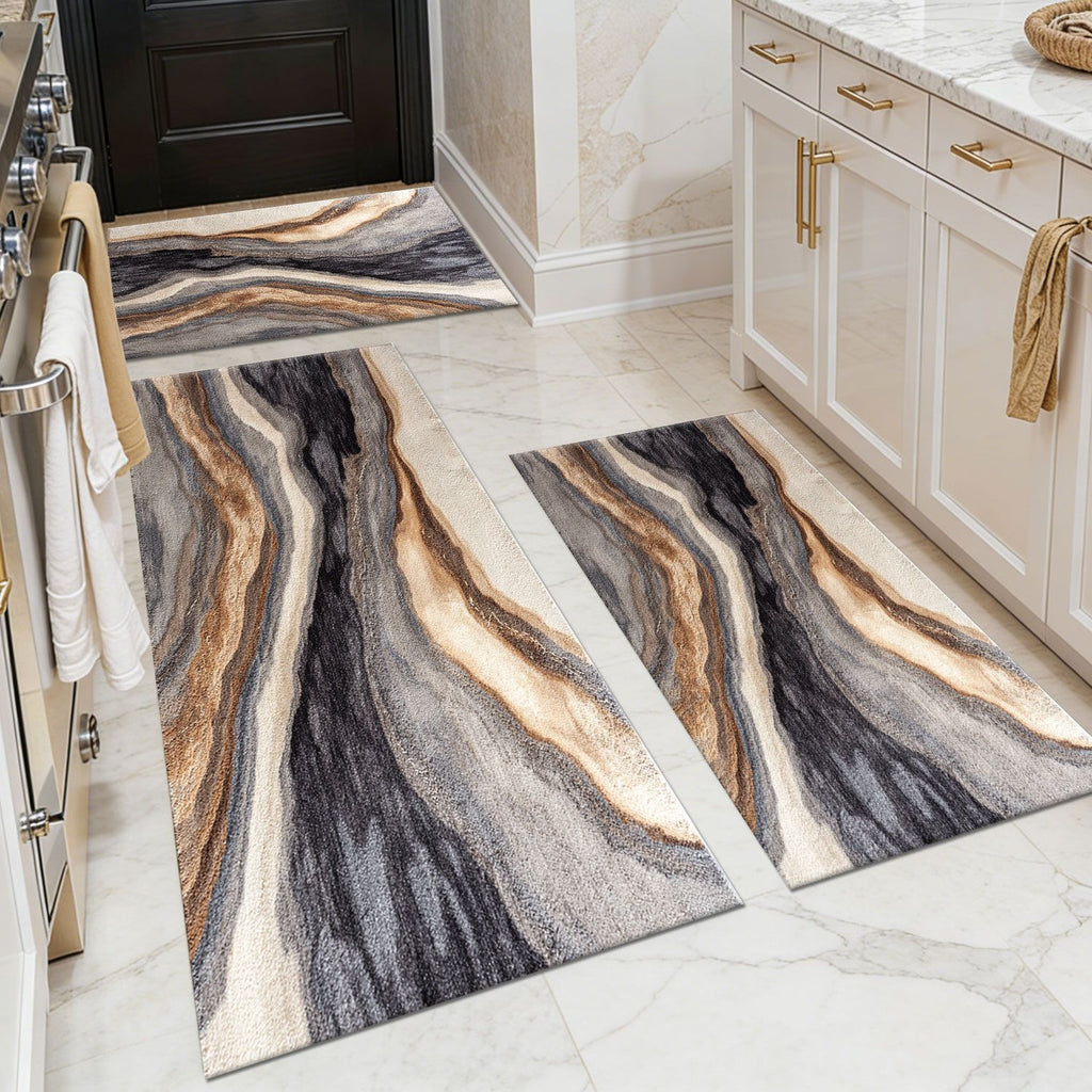 Three-piece kitchen rug set, non-slip and washable, abstract pattern kitchen hallway rug, soft and comfortable, suitable for sinks, floors, entrances, hallways and bathrooms.