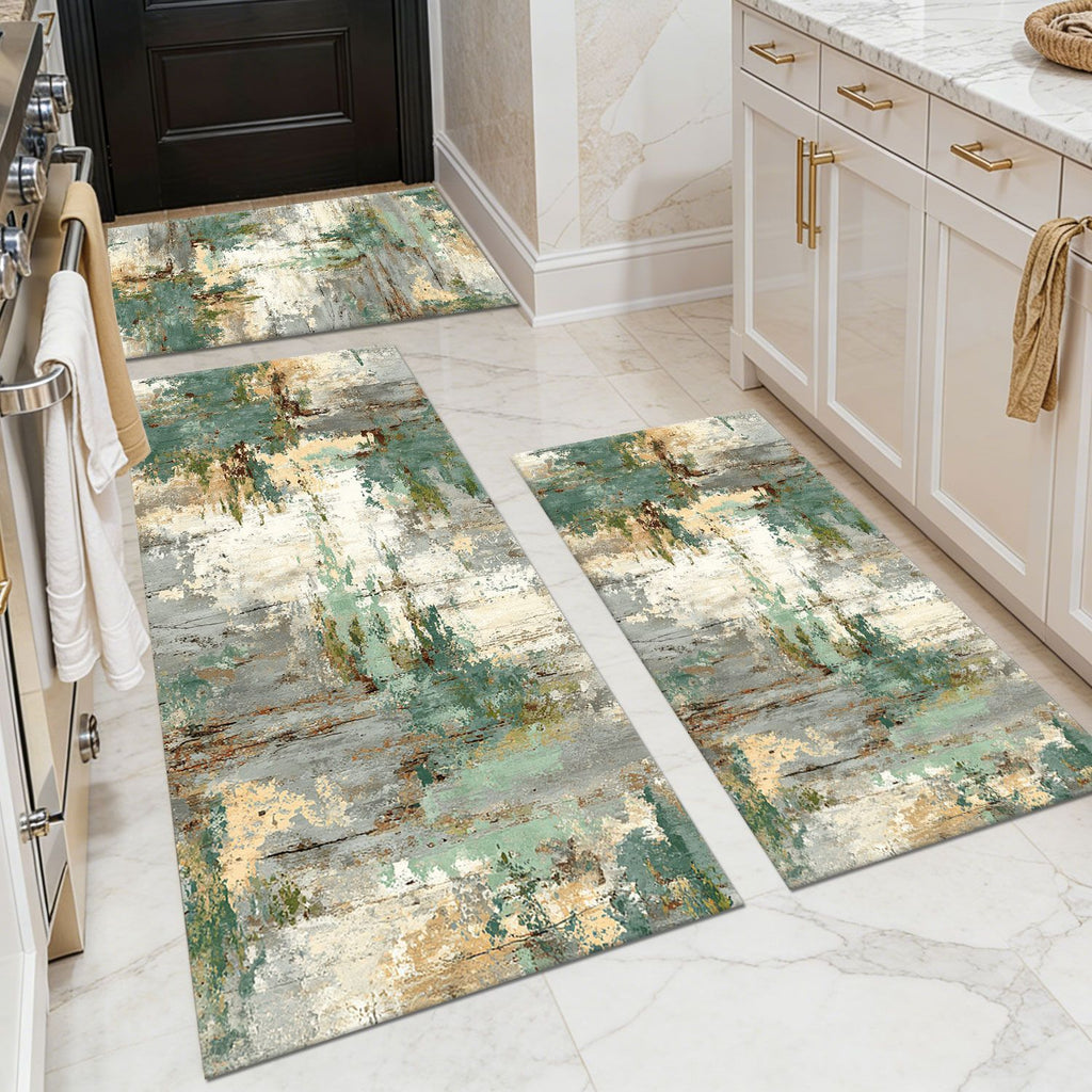 Three-piece kitchen rug set, non-slip and washable, abstract pattern kitchen hallway rug, soft and comfortable, suitable for sinks, floors, entrances, hallways and bathrooms.