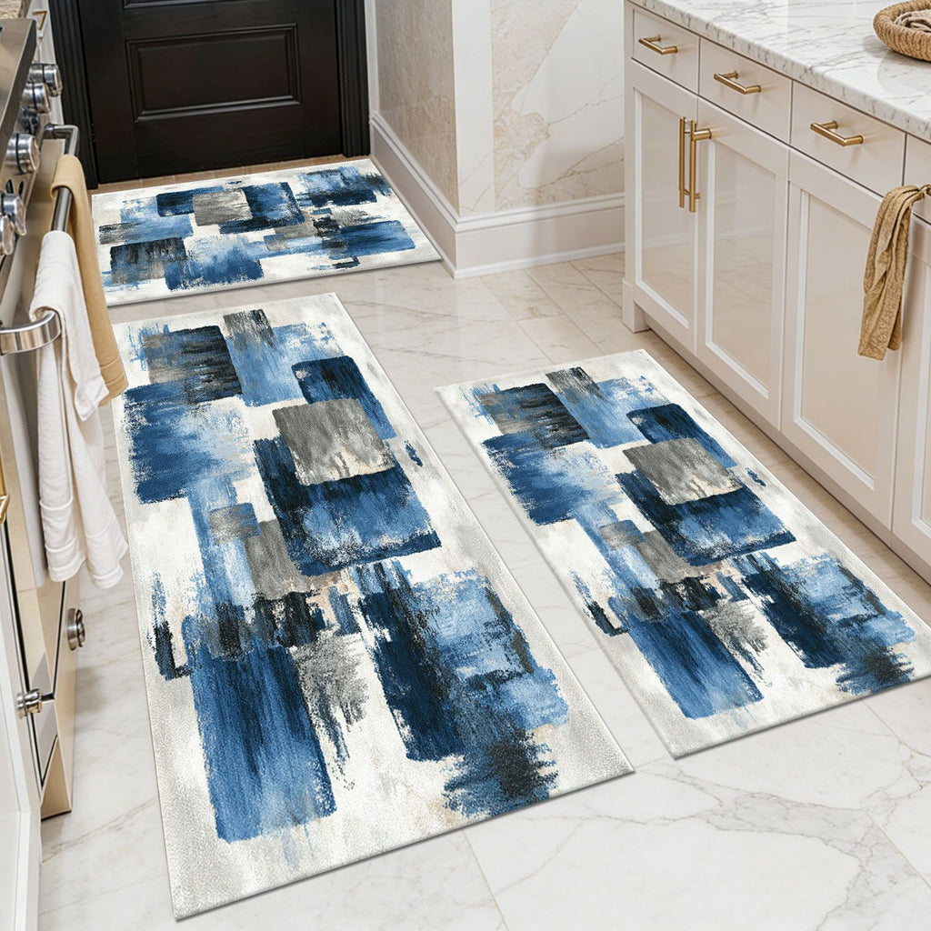 Three-piece kitchen rug set, non-slip and washable, abstract pattern kitchen hallway rug, soft and comfortable, suitable for sinks, floors, entrances, hallways and bathrooms.