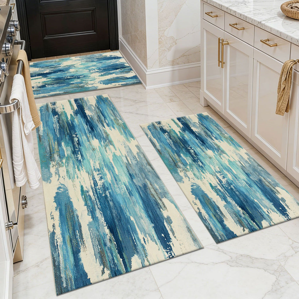 Three-piece kitchen rug set, non-slip and washable, abstract pattern kitchen hallway rug, soft and comfortable, suitable for sinks, floors, entrances, hallways and bathrooms.