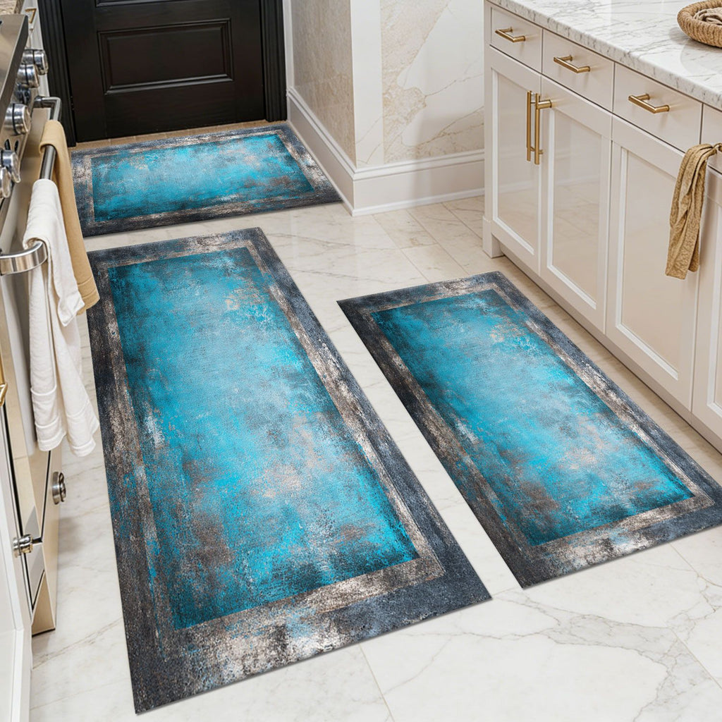 Three-piece kitchen rug set, non-slip and washable, abstract pattern kitchen hallway rug, soft and comfortable, suitable for sinks, floors, entrances, hallways and bathrooms.