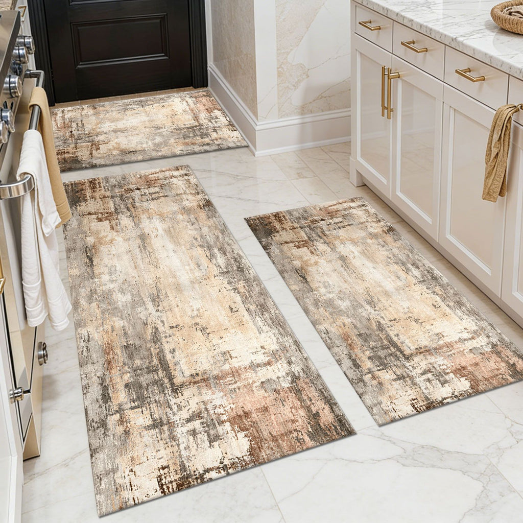 Three-piece kitchen rug set, non-slip and washable, abstract pattern kitchen hallway rug, soft and comfortable, suitable for sinks, floors, entrances, hallways and bathrooms.