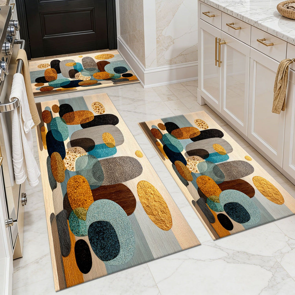 Three-piece kitchen rug set, non-slip and washable, abstract pattern kitchen hallway rug, soft and comfortable, suitable for sinks, floors, entrances, hallways and bathrooms.