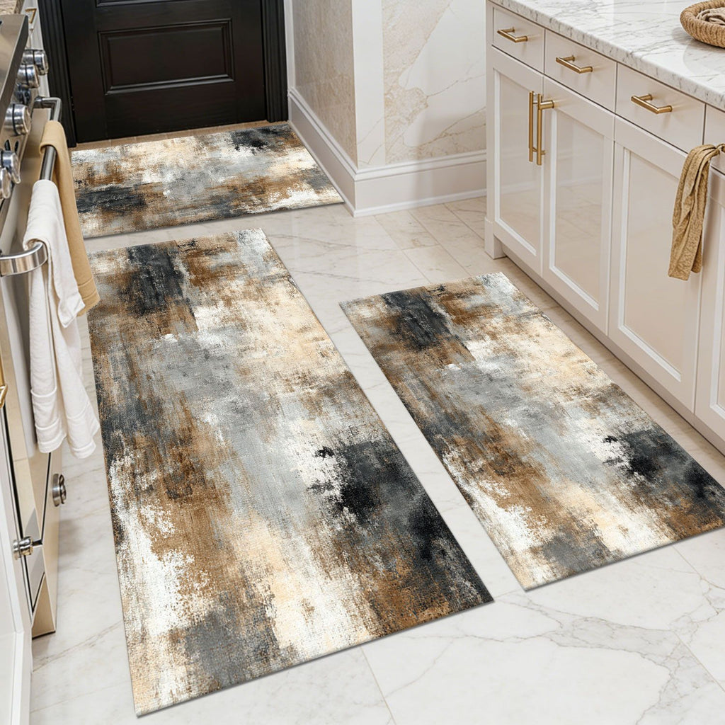 Three-piece kitchen rug set, non-slip and washable, abstract pattern kitchen hallway rug, soft and comfortable, suitable for sinks, floors, entrances, hallways and bathrooms.