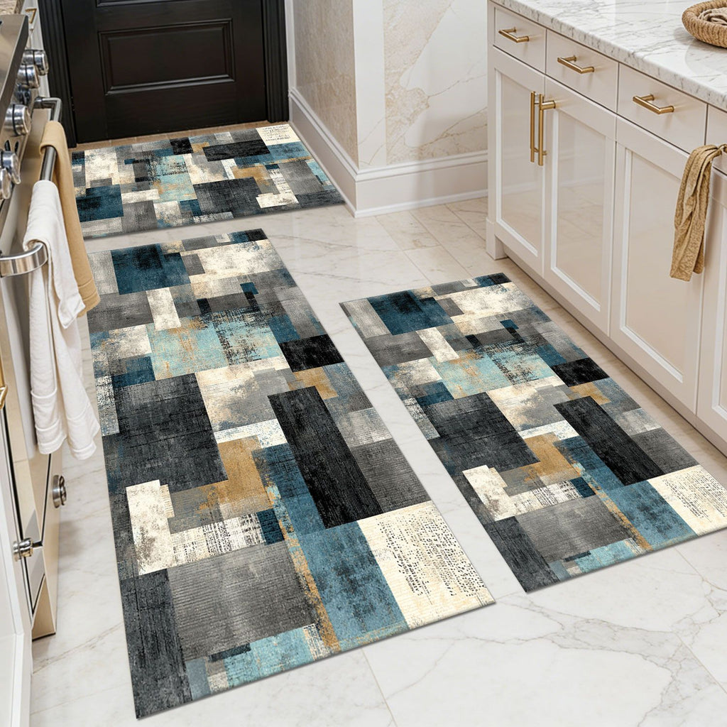 Three-piece kitchen rug set, non-slip and washable, abstract pattern kitchen hallway rug, soft and comfortable, suitable for sinks, floors, entrances, hallways and bathrooms.