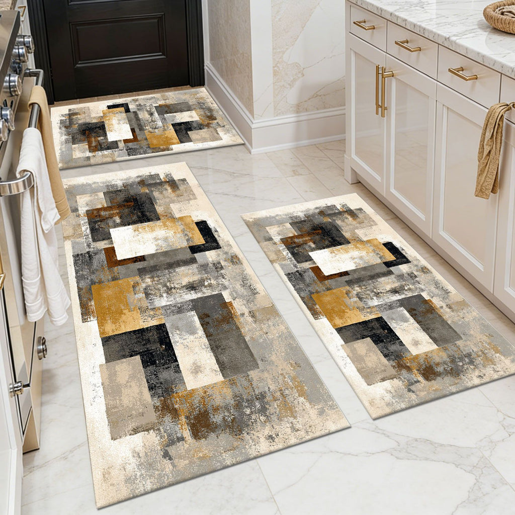 Three-piece kitchen rug set, non-slip and washable, abstract pattern kitchen hallway rug, soft and comfortable, suitable for sinks, floors, entrances, hallways and bathrooms.