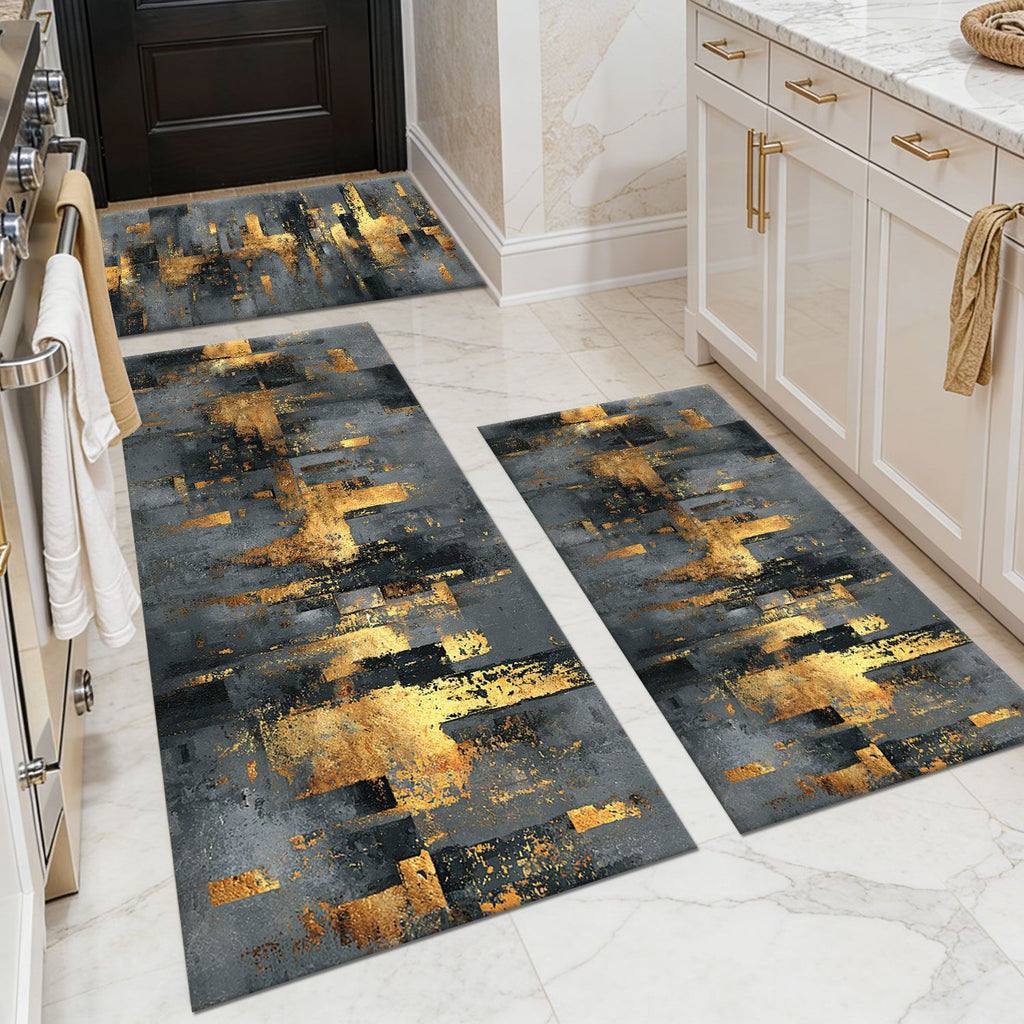 Three-piece kitchen rug set, non-slip and washable, abstract pattern kitchen hallway rug, soft and comfortable, suitable for sinks, floors, entrances, hallways and bathrooms.