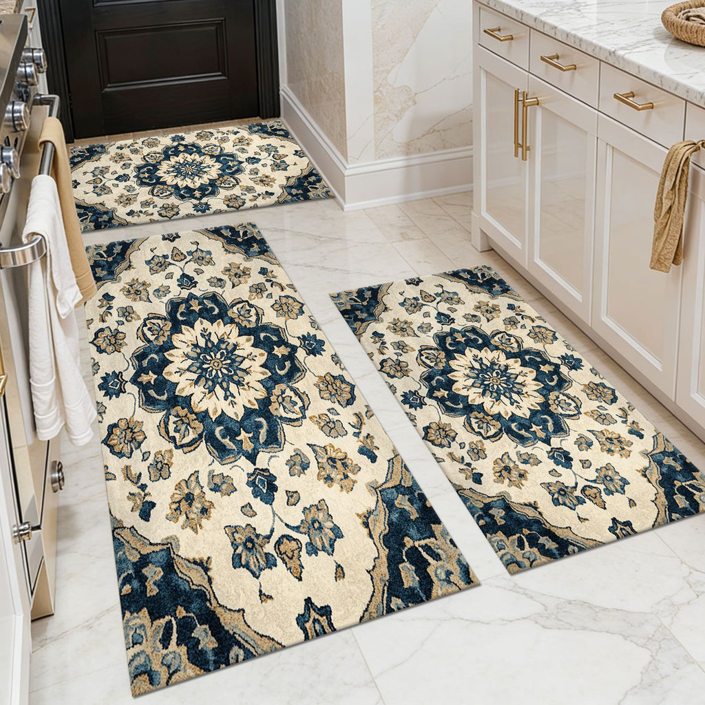 Three-piece kitchen rug set, non-slip and washable, abstract pattern kitchen hallway rug, soft and comfortable, suitable for sinks, floors, entrances, hallways and bathrooms.