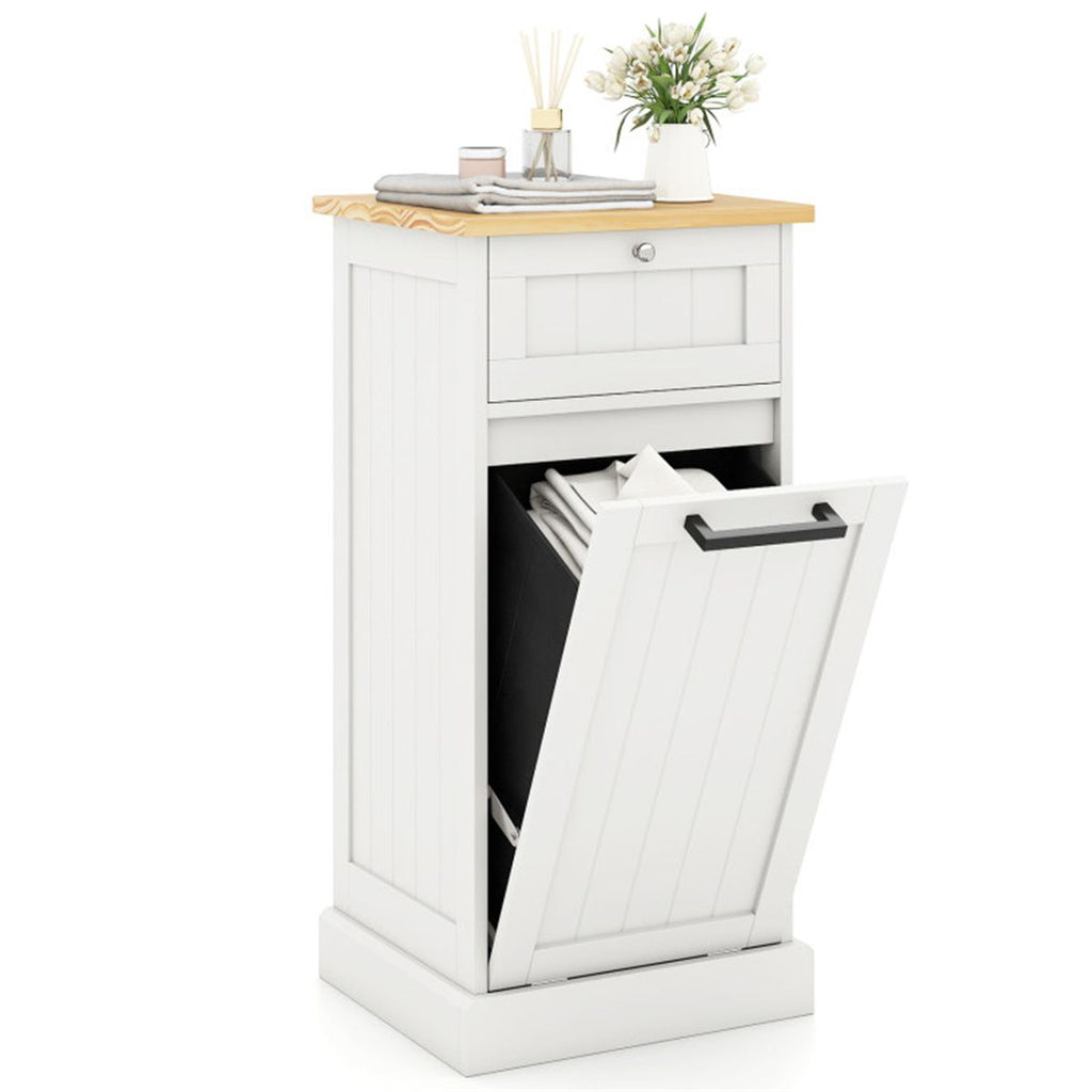 Tilt Out Laundry Hamper Cabinet Bamboo MDF 10Gal with Drawer Anti-Toppling Device White+Natural