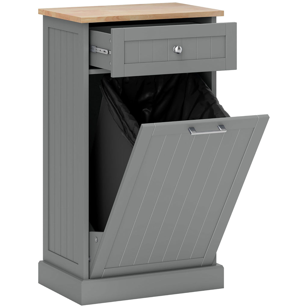Tilt Out Trash Bin Cabinet, Gray, Freestanding Recycling Can Holder with Drawer
