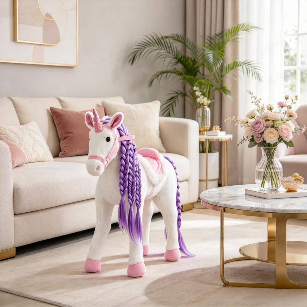 Toddler Riding Horse with Neighing, Stuffed Animal Horse Toy with Padding, White