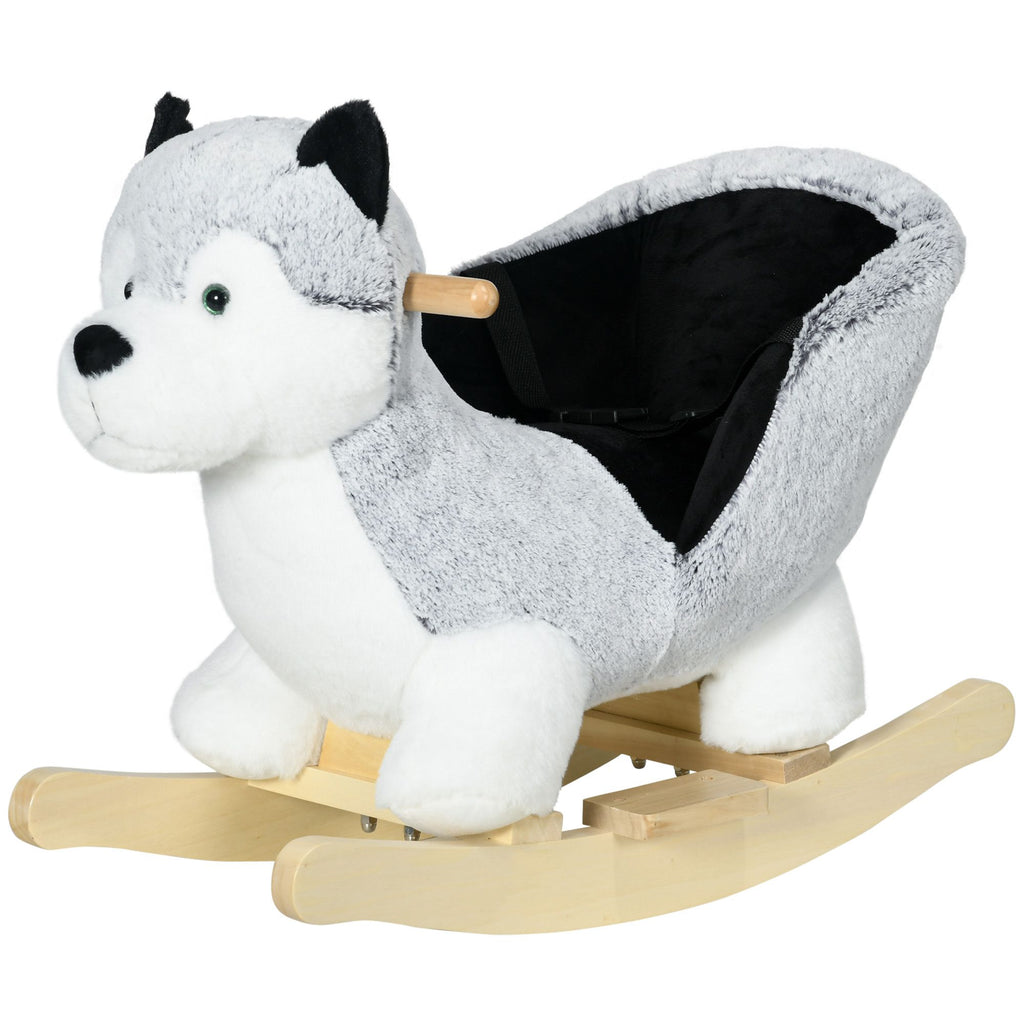 Toddler Rocking Chair, Husky-Themed Rocking Animal with Wooden Base, Seat Belt for Kids 18-36 Months, Gray/Black