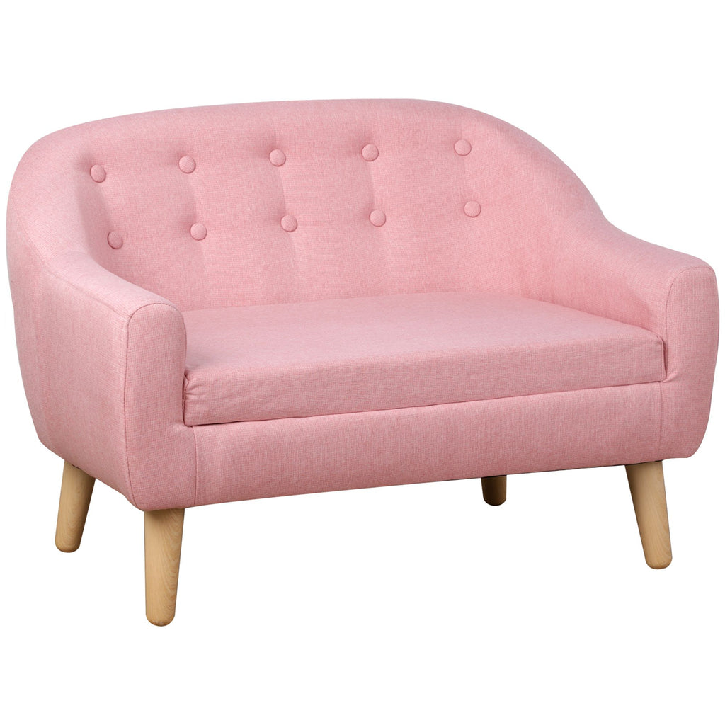 Toddler Sofa Pink 2-Seat Durable Linen Wood Frame Seating for Kids 3-6 Years Nursery Room Couch