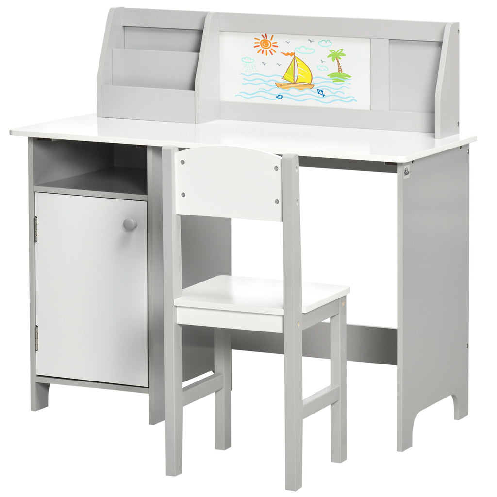 Toddler Table and Chair Set, Kids Writing Desk Homework Table with Whiteboard, Storage Cabinet, Gray