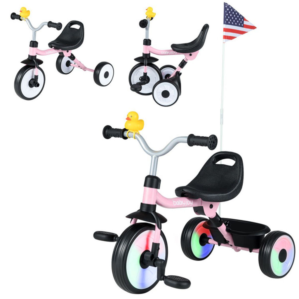 Toddler Tricycle with Rainbow LED Wheels, Foldable 3-in-1 Balance Bike with Carbon Steel Frame, Removable Pedals & Rear Storage Basket - Pink