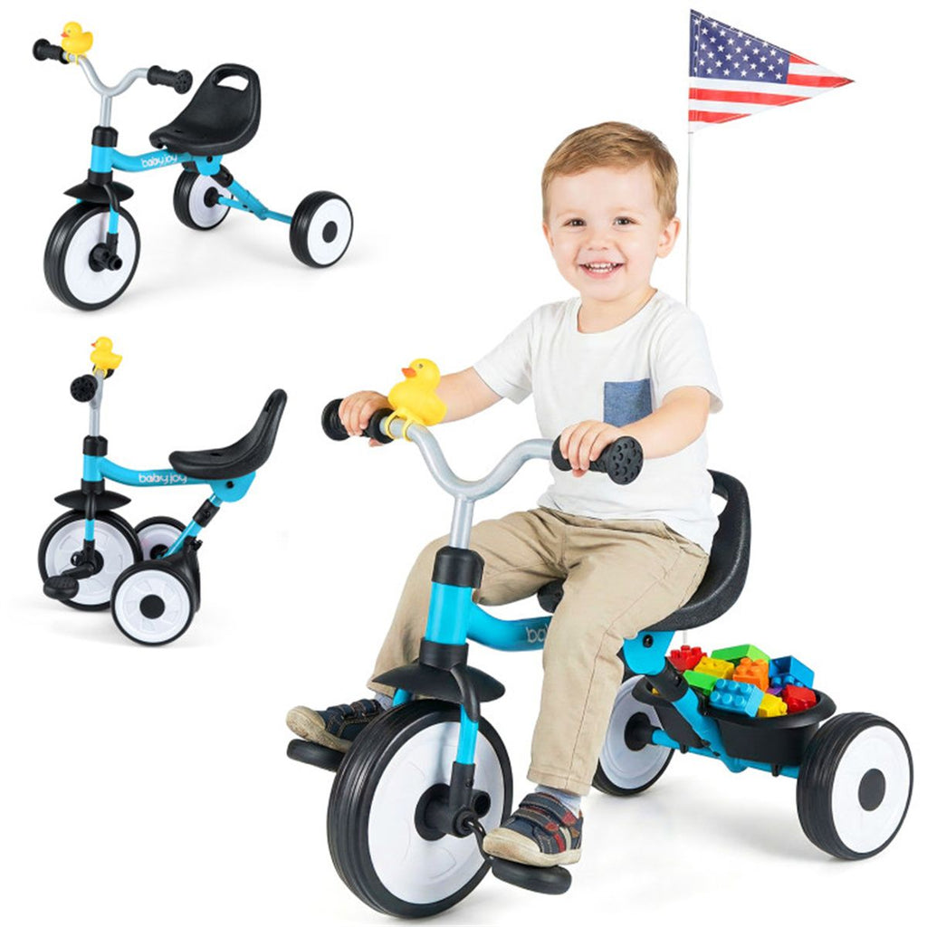 Toddler Tricycle with Rainbow LED Wheels, Foldable 3-in-1 Balance Bike with Carbon Steel Frame, Removable Pedals & Rear Storage Basket