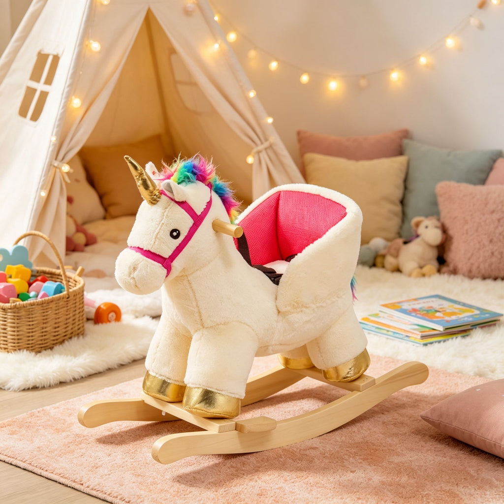 Toddler Unicorn Rocking Horse with Realistic Sound, Safety Belt & Wooden Base, for 18-36M Parent-Child Interactive Playtime
