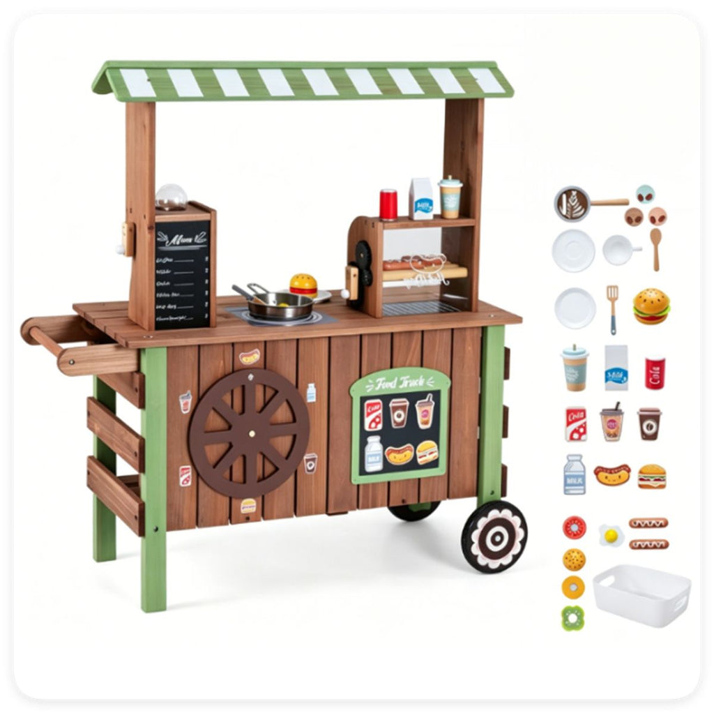 Toddler Wooden Play Food Truck Cart on Wheels, All-in-One Grocery Stand with Storage Cabinet Box, Realistic Kitchen Pretend Play Set for Social Skill & Fine Motor Development Ages 3+