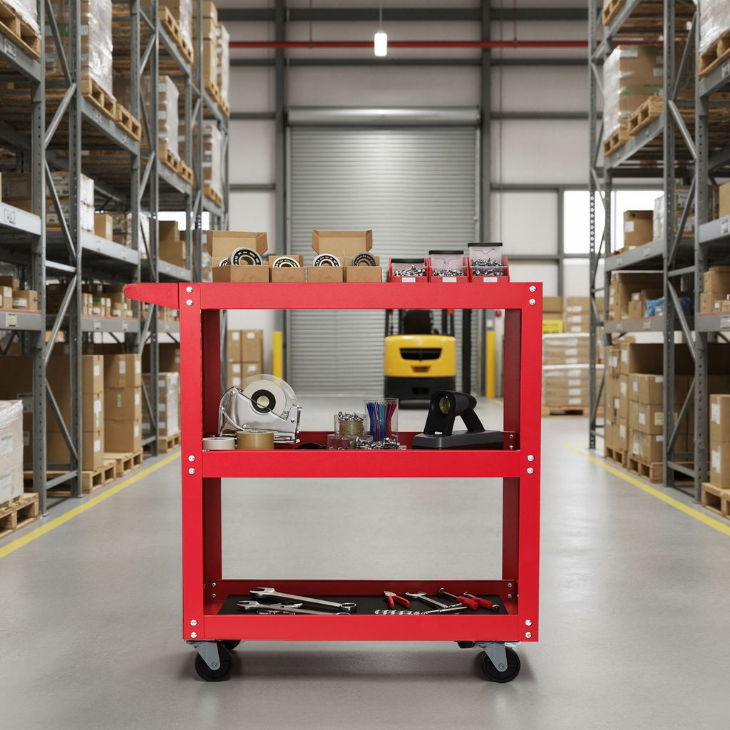 Tool Dorm Utility Service Cart, 3 Shelf 200LBS Heavy Duty Steel Rolling Utility Cart, Medium Lipped Shelf, 360° Swivel Wheels, Ergonomic Storage Handle for Warehouse Garage, Red