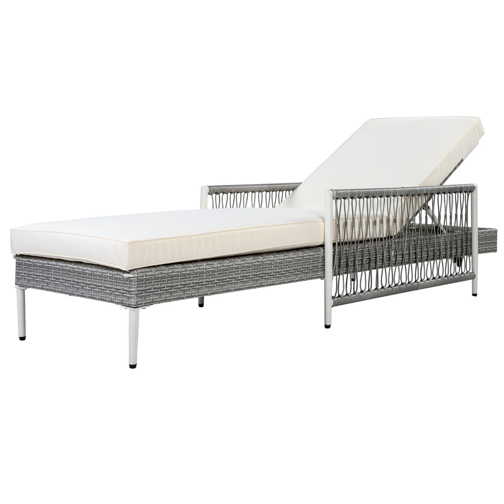 TOPMAX Outdoor All-Weather PE Rattan Chaise Lounge, Minimalist Patio Wicker Lounge Chair with 6 Gear Adjustable Recliner, Arms and Cushion for Poolside, Deck, Grey