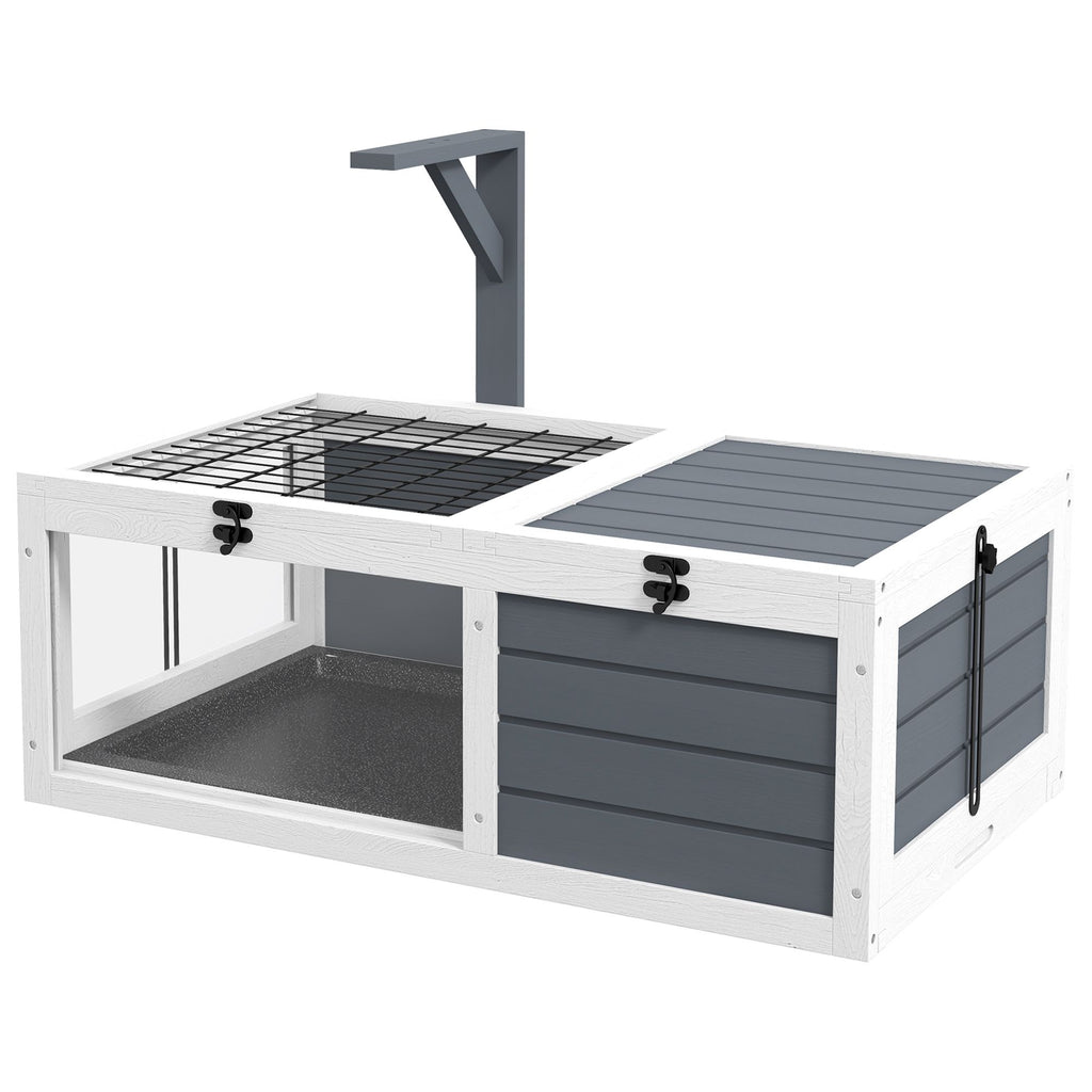 Tortoise House, Wooden Enclosure with Lamp Holder, Pull-out Trays, Openable Lids, Gray