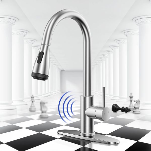 Touchless Kitchen Faucet-Smart Kitchen Sink Faucet sensor; 4Mode Pull Down Kitchen Sprayer; Fingerprint Resistant; Dual Temp. Handle with 1/3 Hole Deck Plate; Stainless Steel; Brushed Nickel