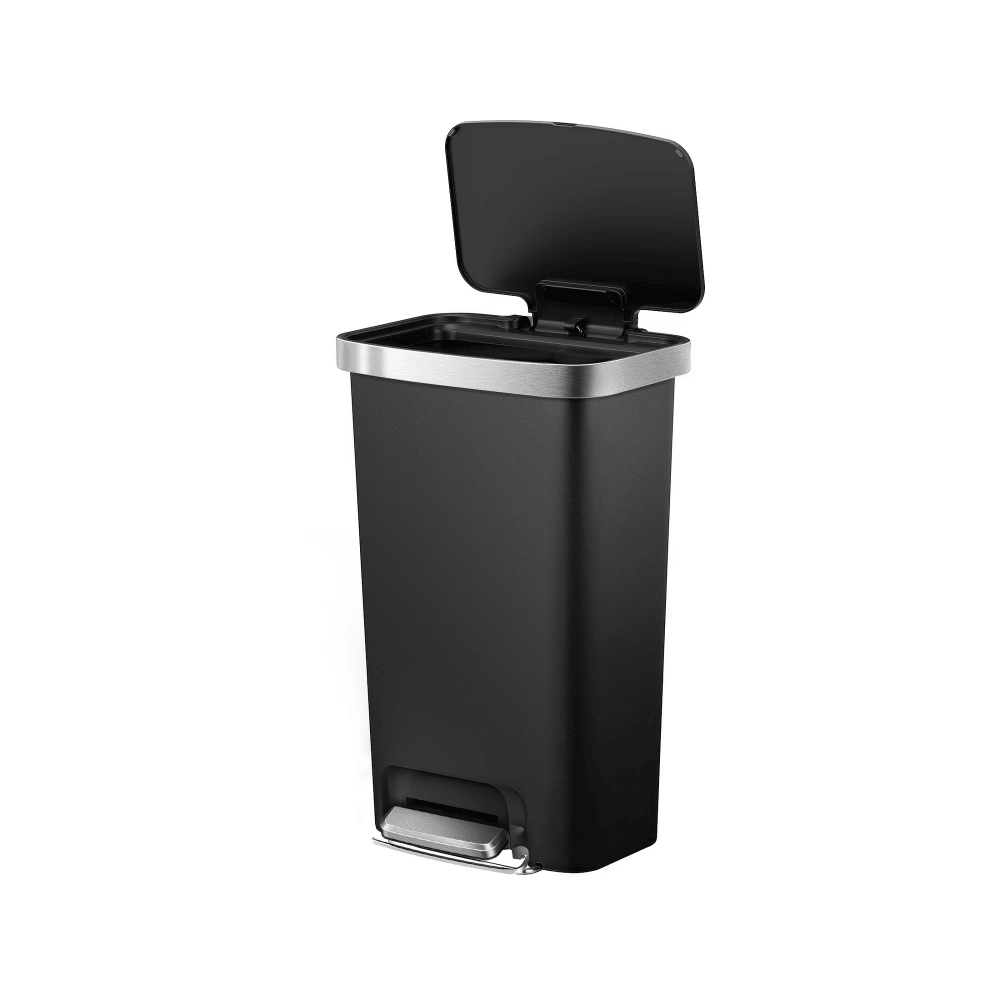 Trash Can, 11.9 Gallon Plastic Step Garbage Bin with Soft Close Lid, Black