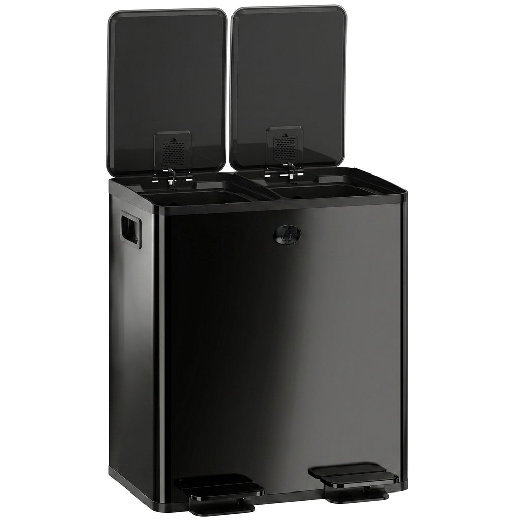 Trash Can, 2 x 5 Gallon Stainless Steel Garbage Can with Soft Close, Stay-Open Lid, Pedals, Inner Buckets, Black