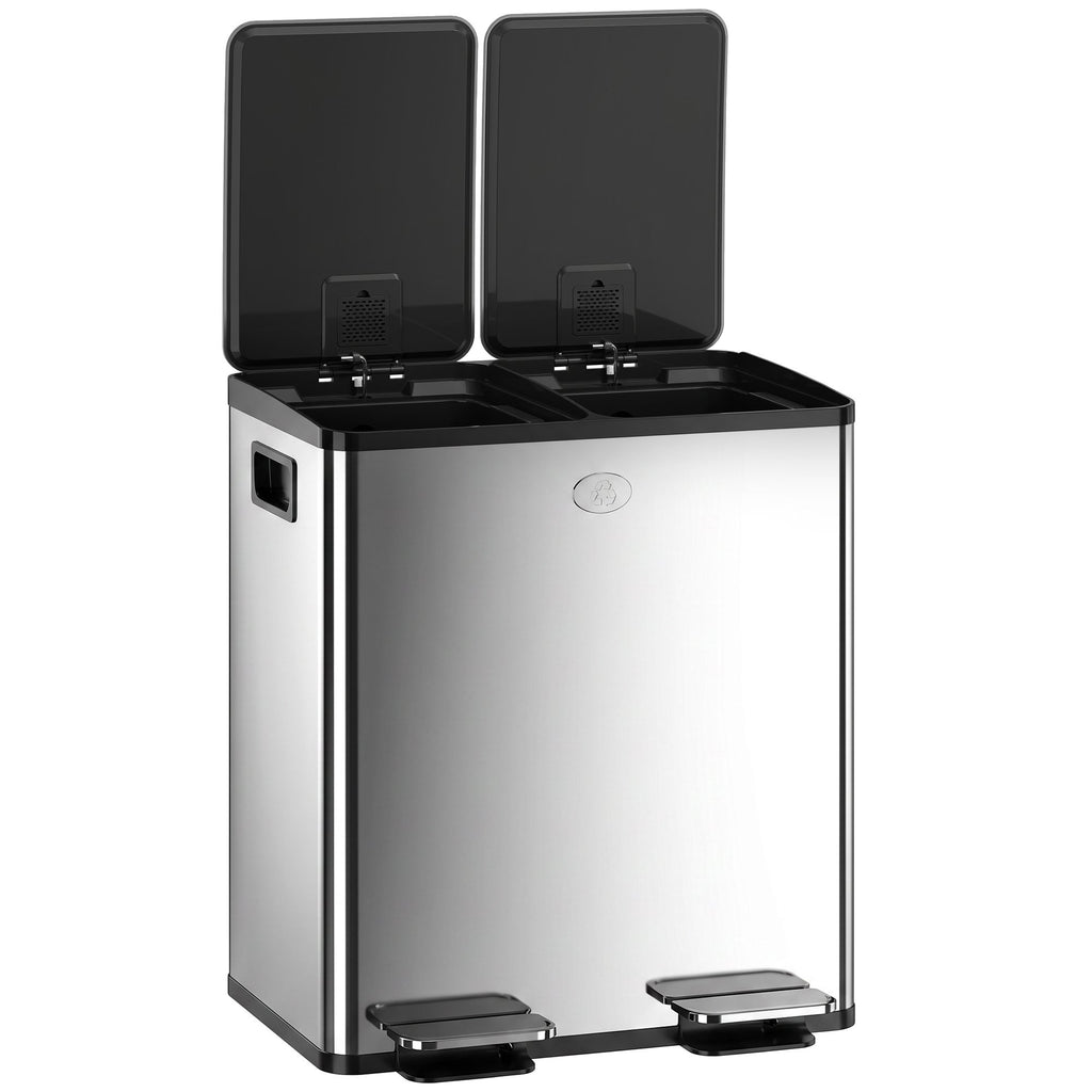 Trash Can, 2 x 5 Gallon Stainless Steel Garbage Can with Soft Close, Stay-Open Lid, Pedals, Inner Buckets, Silver