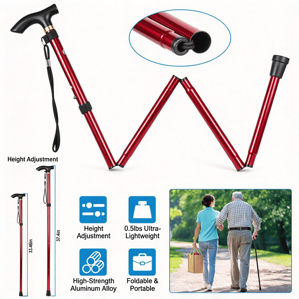 Travel Folding Trekking Hiking Pole,Collapsible Cane Adjustable Walking Stick Portable Mobility Aid for Women Men Hikers Gift,Red